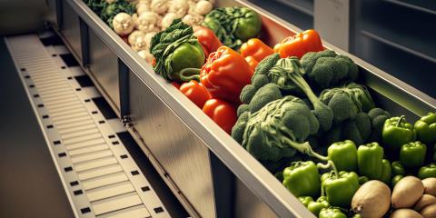 Vegetables are sorted by size as they go down a conveyor belt at a food processing fac