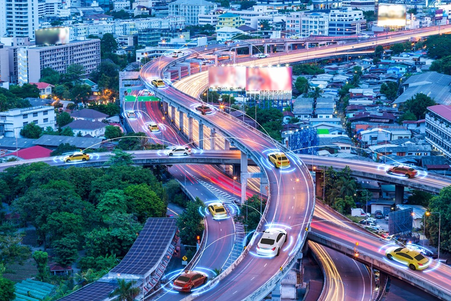 A complex system of roads in the middle of the city, used by cars that are connected to each other via signals.