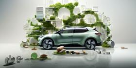 Illustration of a green car in front of a modern building overgrown with plants.