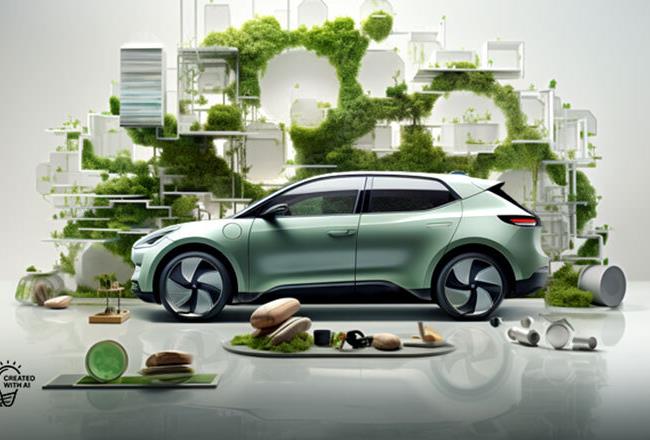 Illustration eines grünen Autos vor einem modernen, mit Pflanzen bewachsenen Bauwerk.