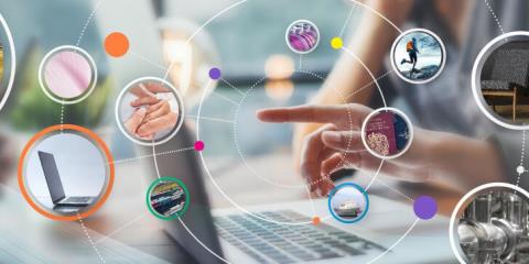 Illustration of several industries in front of a laptop