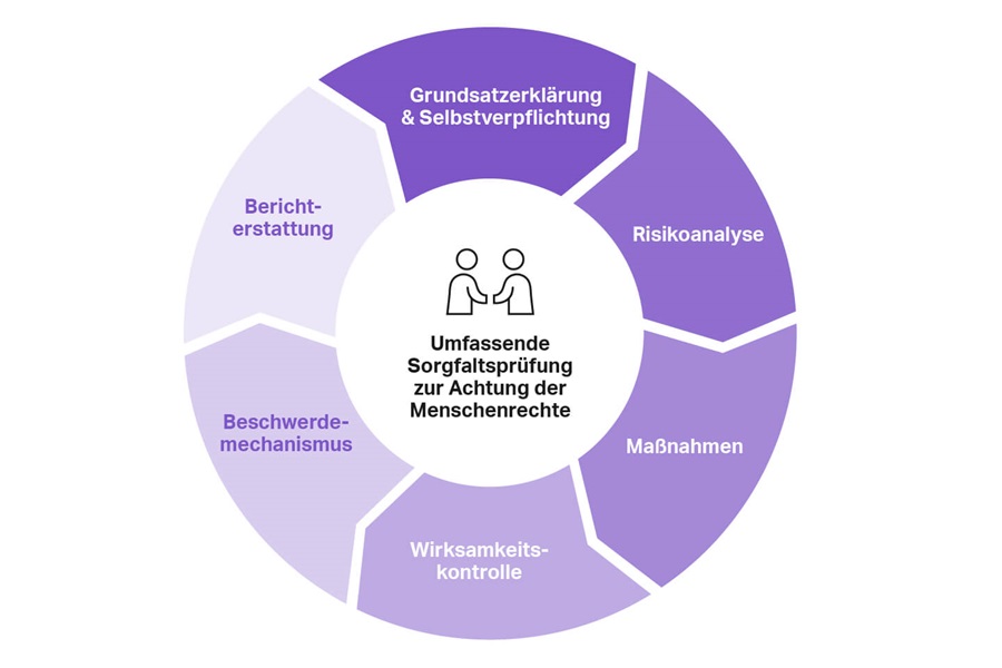 Menschenrechte-Sorgfaltsprozess: Grundsatzerklärung, Risikoanalyse, Maßnahmen, Wirksamkeit, Berichterstattung, Beschwerde.